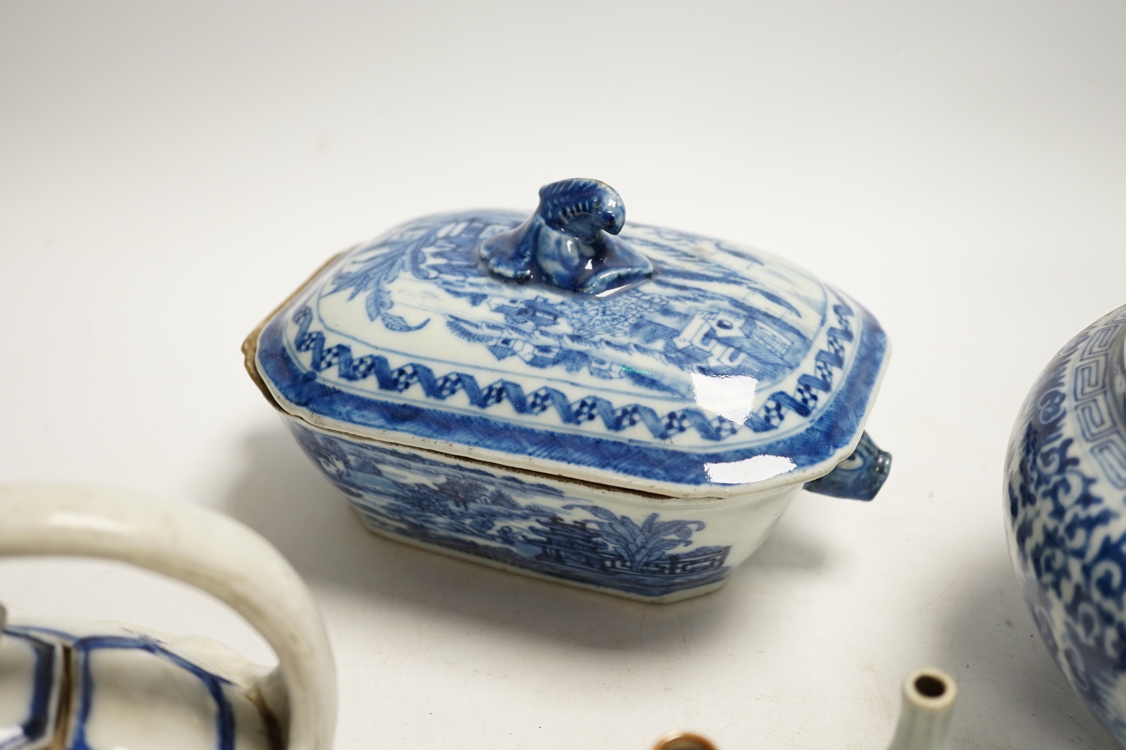 A Japanese Hirado ‘turtle’ teapot, an 18th century Chinese blue and white tureen and cover, an early 20th century jar and cover, teapot and various small vases, covers etc.